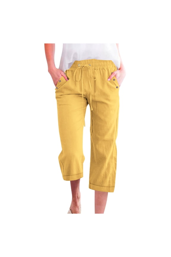 Stylish Capri Pants for Women Dressy Casual Cotton Linen Summer Straight Wide Leg Drawstring Elastic Waist Cropped Trouser Yellow L