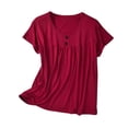 thumbnail image 1 of Olyvenn Stylish Casual Shirts for Women Button Pleated Crewneck Blouses Short Sleeve Summer Soft Shirt Basic Tops Plain Pullover Tees Wine L, 1 of 6