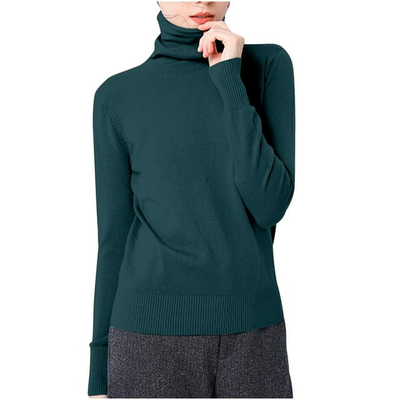 Olyvenn Deals Cotton Knitted Turtleneck Sweater Women's Solid Color Classic Fit Knitted Slim Jumper Bottom Sweater Shirt Green 4-6
