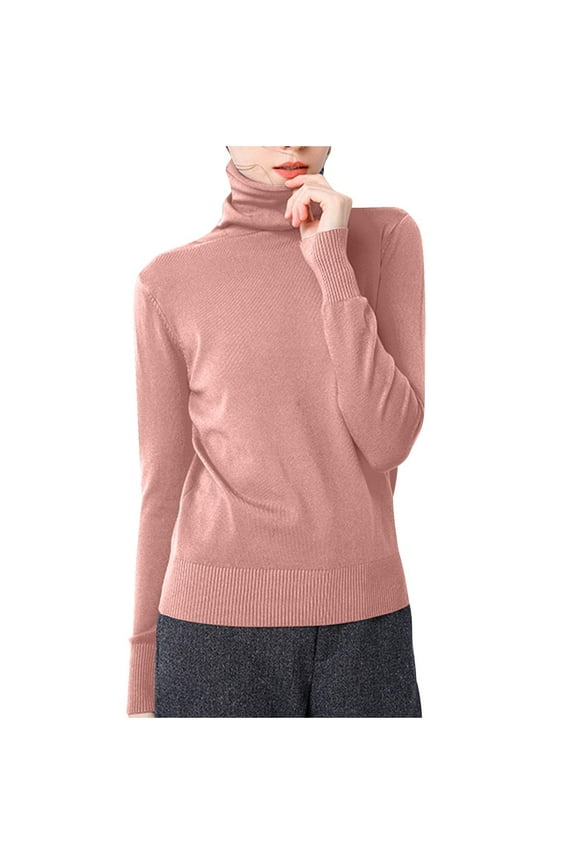 Stylish Cotton Knitted Turtleneck Sweater Women's Solid Color Classic Fit Knitted Slim Jumper Bottom Sweater Shirt Pink 20-22