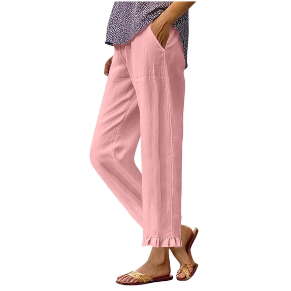 Olyvenn Stylish Cotton Linen Pants Women Elastic High Waisted Straight Leg Lounge Pants Casual Slacks Summer Trousers with Pockets Pink XL