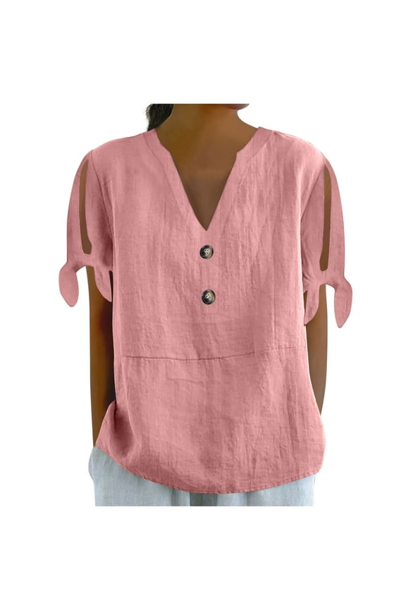 Stylish Cotton Linen Shirts for Women Summmer Slit Short Sleeve Casual Tops Henley Vcation Beach Lounge Button Lightweight Tunic Blouse Pink XL