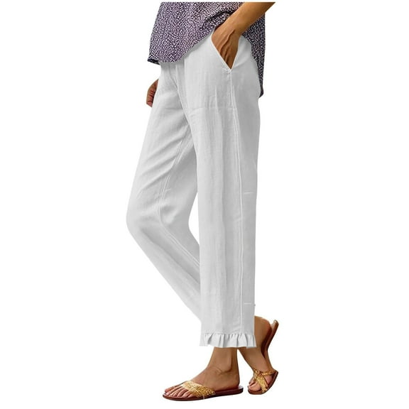 Olyvenn Stylish Cotton Linen Solid Cropped Pants for Women Summer Elastic Waist Straight Wide Leg Boho Beach Trouser with Pockets White XL