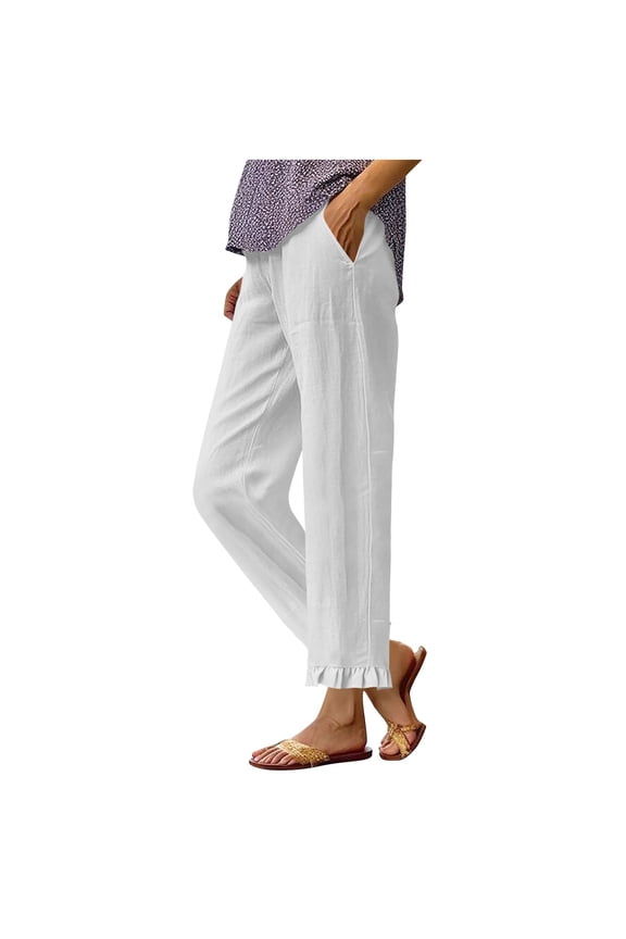 Stylish Cotton Linen Solid Cropped Pants for Women Summer Elastic Waist Straight Wide Leg Boho Beach Trouser with Pockets White XL