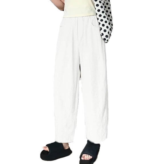 Olyvenn Stylish Cotton Wide Leg Flowy Pants for Women High Waist Pockets Casual Loose Trousers Summer Flowy Pants Daily White L