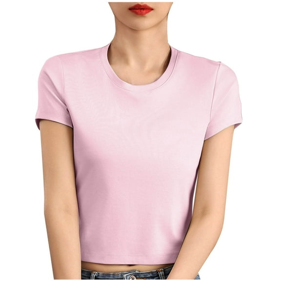 Olyvenn Stylish Crop Tops for Women Short Sleeve Crewneck T-Shirts Summer Rolled Sleeve Crop Tops Casual Basic Tees Pink L