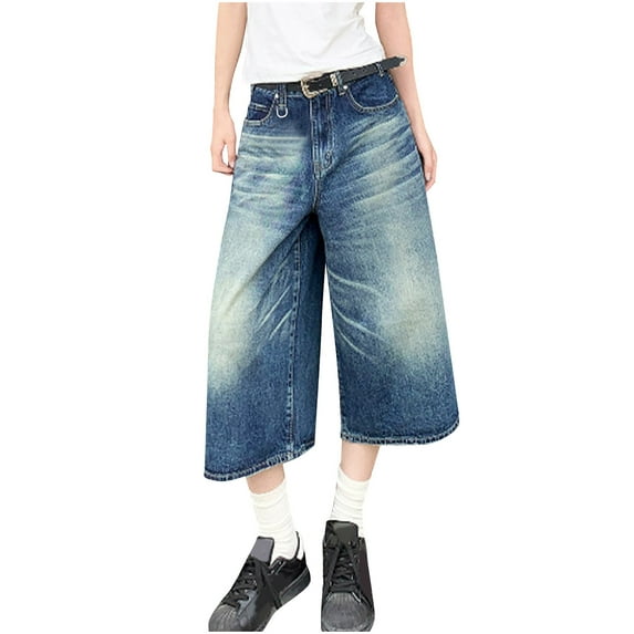 Olyvenn Stylish Cropped Jeans for Women Men High Waist Wide Leg Baggy Jorts Y2K Casual Denim Capris Pants Comfy Summer Clothes Blue M