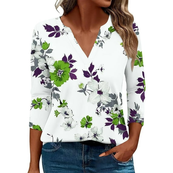 Olyvenn Stylish Fall 3/4 Length Sleeve Womens Tops Button Down V Neck Shirts Henley Blouses Dressy Floral Print Casual Clothes Green 12