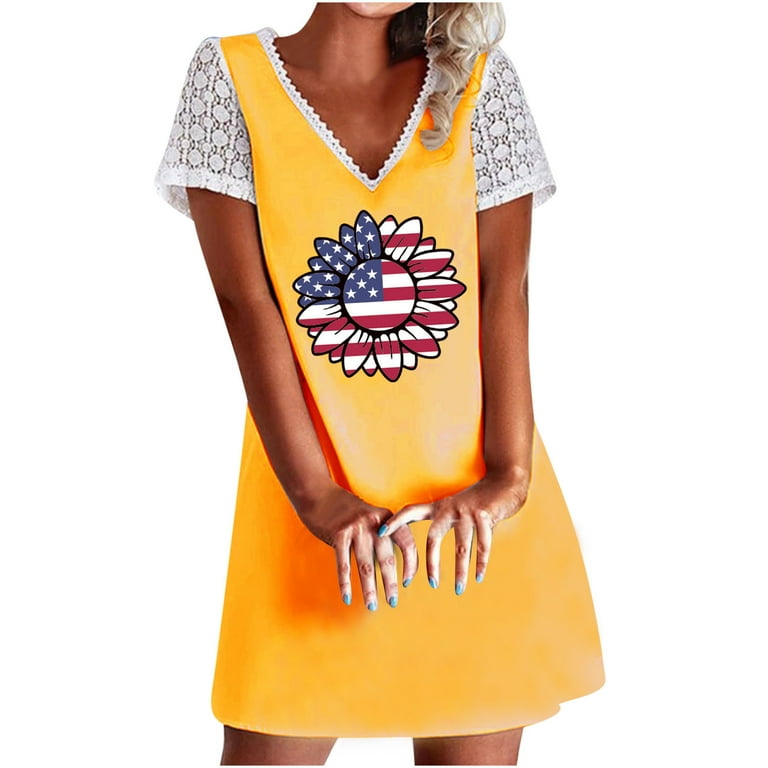 Olyvenn Deals Fashion Ladies Tunic Independence Day Graphic Mini Lace Skirt  Dresses for Women Loose Casual Lace Hollow Short Sleeve Sexy V Neck Flags  Print Summer Female Leisure Gold 10 