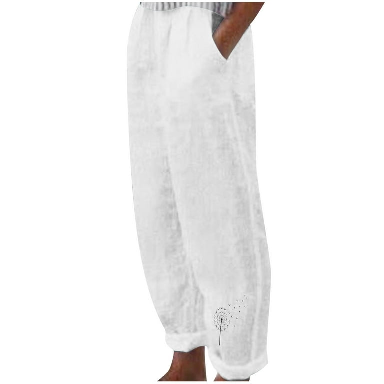 Olyvenn Deals Fashion Women Summer Casual Loose Cotton And Linen Pocket  PrintTrousers Pants 2023 Trendy Dressy Casual Full Length Pants for Women  White 8 