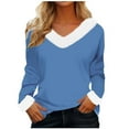 thumbnail image 1 of Olyvenn Stylish Faux Fur Trim V Neck Fashion Sweatshirts for Women Solid Loose Xmas Long Sleeve Pullover Holiday Tops Tunic Blouses Blue 4, 1 of 4