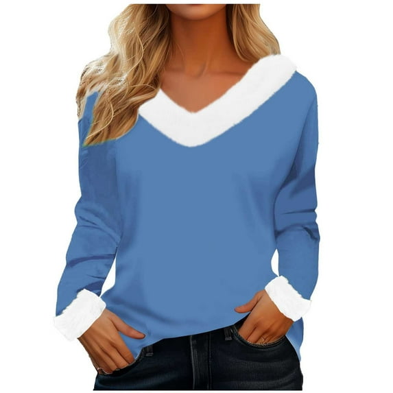 Olyvenn Stylish Faux Fur Trim V Neck Fashion Sweatshirts for Women Solid Loose Xmas Long Sleeve Pullover Holiday Tops Tunic Blouses Blue 4