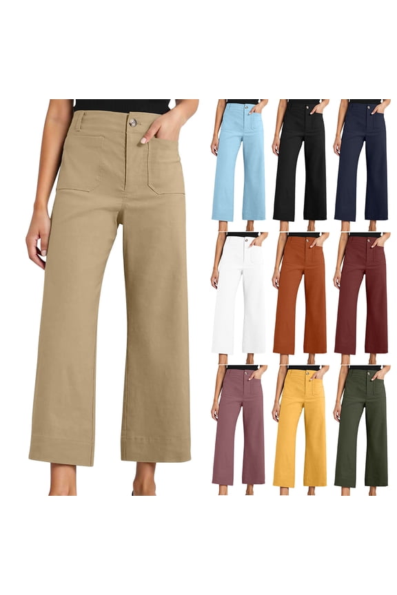 Stylish High Waisted Wide Leg Pants for Women Chino Business Casual Work Office Fashion Cropped Pant Trousers with Pockets Wine M