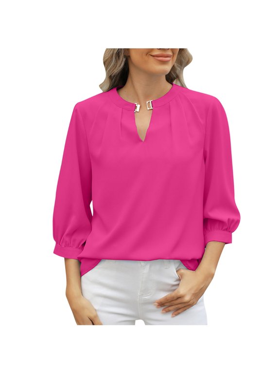 Stylish Keyhole V Neck Puff 3/4 Length Sleeve Womens Tops Dressy Casual Chiffon Work Blouses Pleated T-Shirts Loose Fit Shirts Hot Pink 4-6