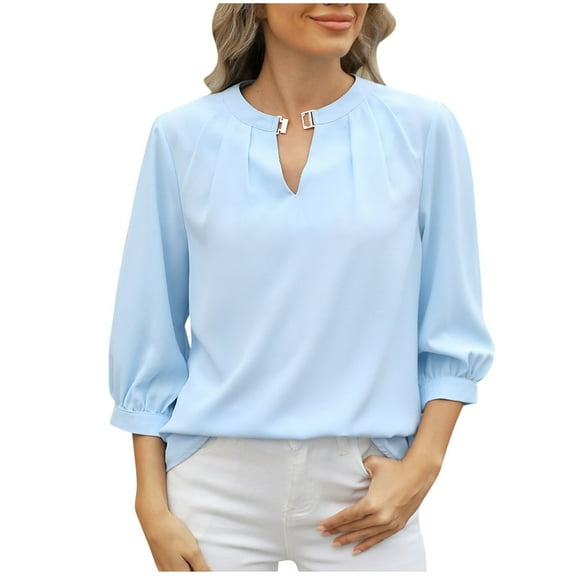 Olyvenn Stylish Keyhole V Neck Puff 3/4 Length Sleeve Womens Tops Dressy Casual Chiffon Work Blouses Pleated T-Shirts Loose Fit Shirts Light Blue 8-10