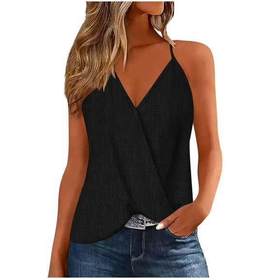 Olyvenn Stylish Linen Camisole for Women Casual Summer Sleeveless Wrap Shirts Loose V Neck Tunic Blouse Lighweight Tank Tops Black L