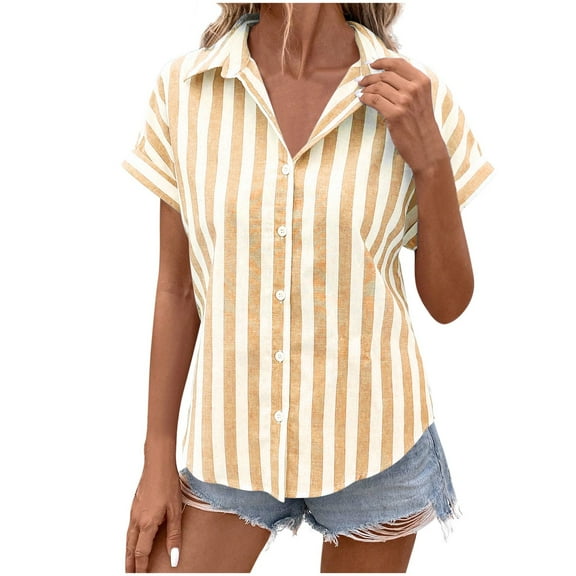 Olyvenn Stylish Linen Cotton Womens Short Sleeve Shirts Summer Casual Striped Shirts V Neck Collared Button Down Blouse Tops Yellow M