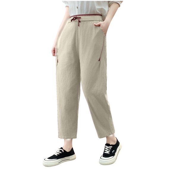 Olyvenn Stylish Linen Pants Women High Waist Pants Drawstring Elastic Waist Pant Straight Leg Beach Vacation Trousers Outfits Beige XL
