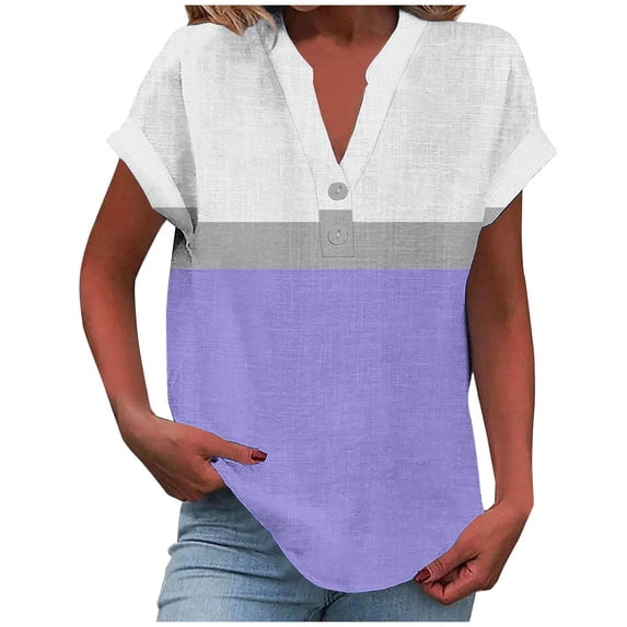 Olyvenn Stylish Linen Shirts for Women Cotton Button Up Shirt Color Block Short Sleeve Casual Loose Fit Roll Up Henley V Neck Blouses Tunic Top Purple XXXXXL