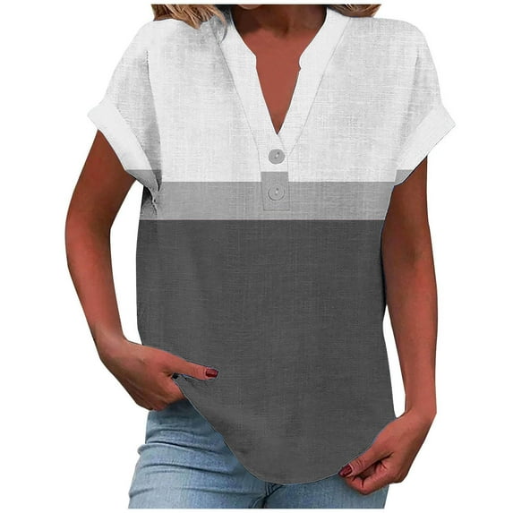 Olyvenn Stylish Linen Shirts for Women Cotton Button Up Shirt Color Block Short Sleeve Casual Loose Fit Roll Up Henley V Neck Blouses Tunic Top Black S