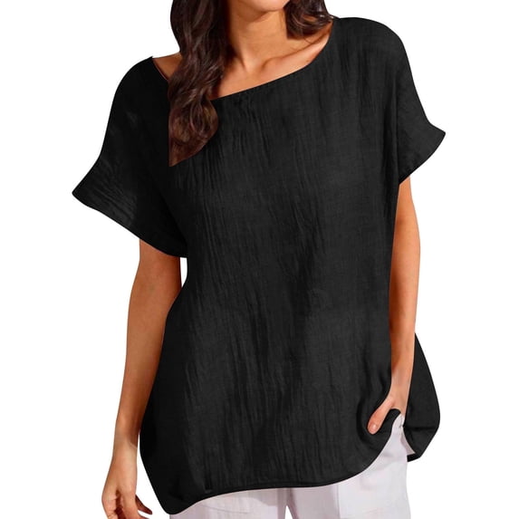 Olyvenn Stylish Linen Shirts for Women Plus Size Short Sleeve Casual Beach Top Crewneck Loose Fit Vintage Plain Summer Tshirt Blouses Black L