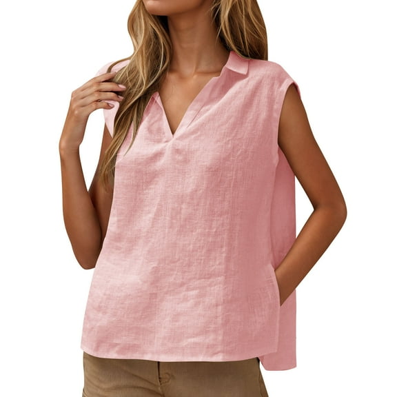 Olyvenn Stylish Linen Tank Tops for Women Cotton Sleeveless Lapel V Neck Tanks Top Side Slit Casual Loose Fit Basic Summer Tees Shirts Pink XL