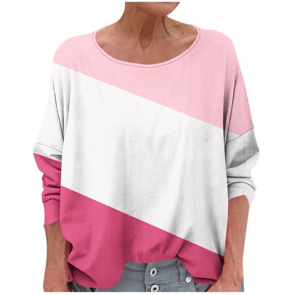 Olyvenn Stylish Long Sleeve Cotton Linen Shirts for Women Color Block Drop Shoulder Tops Round Neck Summer Blouses Dressy Casual Comfy Tees Pink M