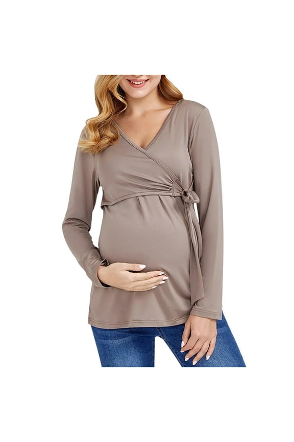 Stylish Long Sleeve Maternity Nursing Top Casual Solid Shirts Loose Breastfeeding Blouse Side Straps Pregnancy Pullover Tee Coffee 8