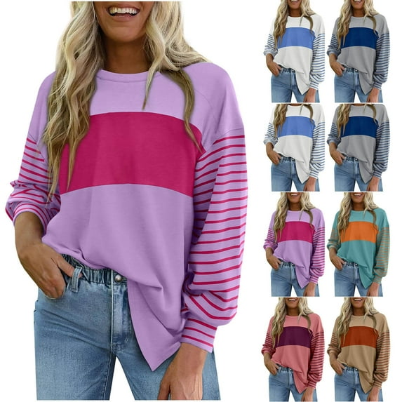 Olyvenn Stylish Long Sleeve Spring Tops Oversized Trendy Round Crew Neck Casual Color Block Womens Shirts Blouses Blue 4-6