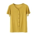 thumbnail image 1 of Olyvenn Stylish Lounge T Shirts for Women Solid Button Decor V Neck Blouses Cute Summer Tops Loose Fitting Short Sleeve Tee Top Yellow 10, 1 of 3