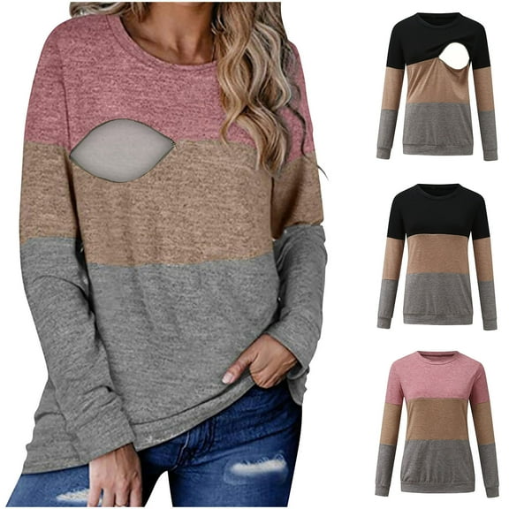 Olyvenn Stylish Maternity Nursing Tops Long Sleeve Crewneck Breastfeeding T Shirt Casual Lightweight Soft Pregnancy Blouse Tee Black 12