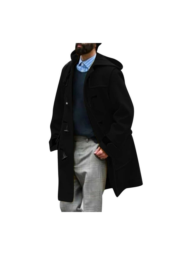 Stylish Men Winter Casual Solid Mid-length Wool Overcoat With Horn Buckles Windbreaker Hooded Coat Trendy Anoraks Windproof Trench Coat Black 12