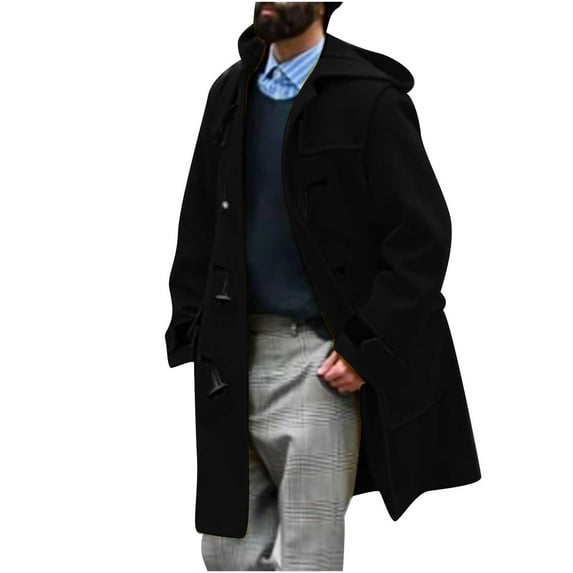 Olyvenn Stylish Men Winter Casual Solid Mid-length Wool Overcoat With Horn Buckles Windbreaker Hooded Coat Trendy Anoraks Windproof Trench Coat Black 6