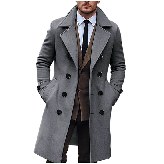 Olyvenn Stylish Men's Long Trench Coat Outdoor Windbreaker French Business Overcoat Fashion Streetwear Double Breasted Pea Coat Notched Collar Dark Gray 10