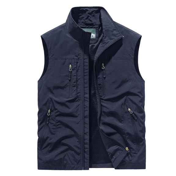Olyvenn Stylish Men's Outdoor Lightweight Stand Collar Multi-Pocket Quick Dry Breathable Fishing Vest Travel Waistcoat Dark Blue 6