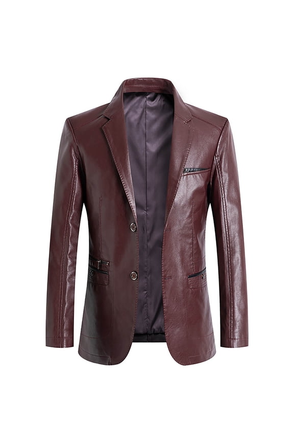 Stylish Men's Regular Fit Button Down Lined Business Lambskin Leather Jacket Blazer with Pockets Office Suit Coat Wine 8