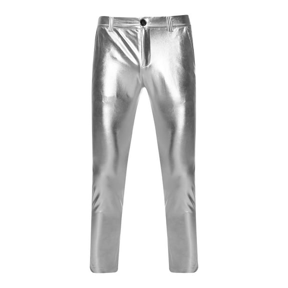 Olyvenn Stylish Men's Shiny Metallic Pants Disco Club Stage Performance Trousers Gold Silver Black S-XL Silver 10