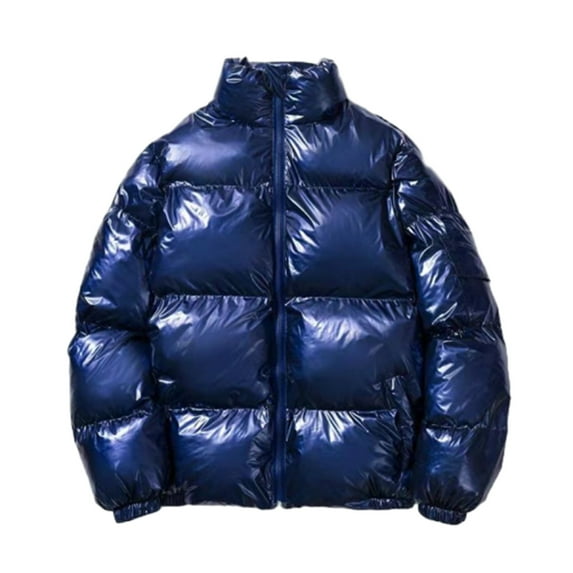 Olyvenn Stylish Men's Shiny Winter Jacket Heavyweight Puffer Jackets Casual Coat for Men Full Zip Windproof Stand Collar Down Jacket Blue 12