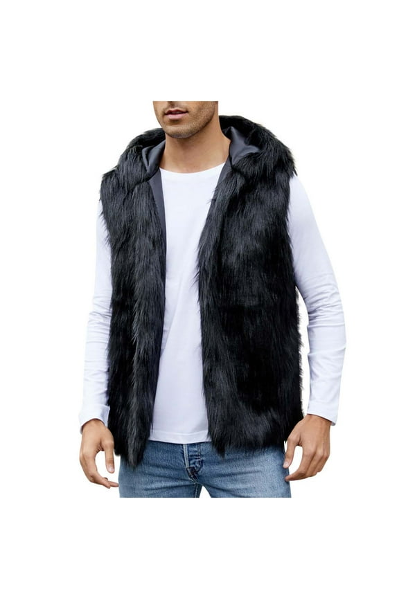Stylish Men's Warm Faux Fur Hooded Waistcoat Short Vest Jacket Coat Sleeveless Outwear Faux Fur Coat Vest with Hooded Fluffy Jacket Black 10