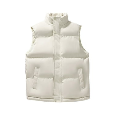 Olyvenn Deals Men's Winter Puffer Vest Full Zipper Sleeveless Jackets with Pockets Fleece Stand Collar Lightweight Coats Outerwear White 8