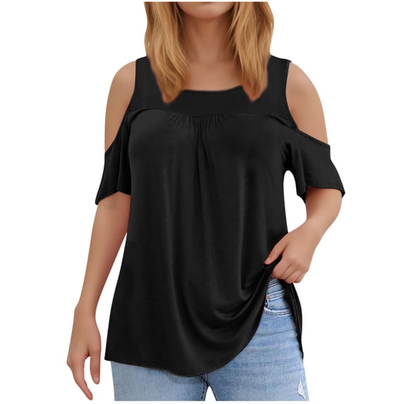 Olyvenn Stylish Plus Size Cold Shoulder Tunic for Women Summer Ruched Hide Belly Tunic Stylish Casual Crew Neck Flowy Beach Blouses Black 8