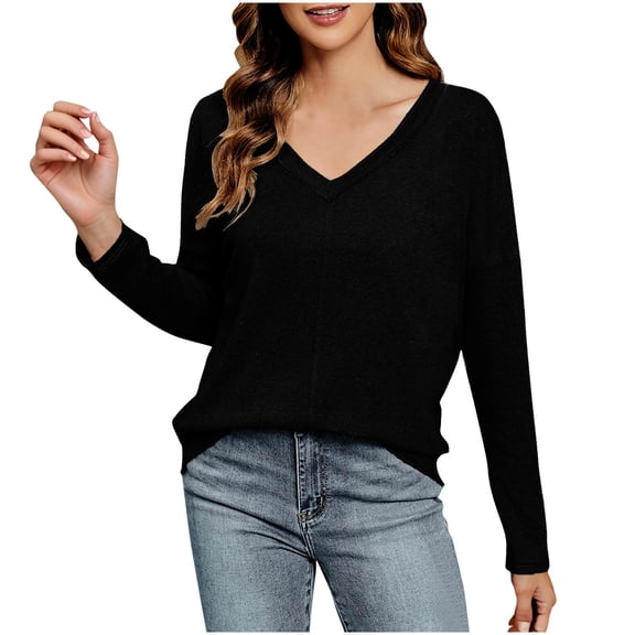 Olyvenn Stylish Plus Size Sweatshirts for Women Waffle Lightweight Knit Tops Casual V Neck Long Sleeve Loose Tunic Sweaters Fashion Clothes Black 10