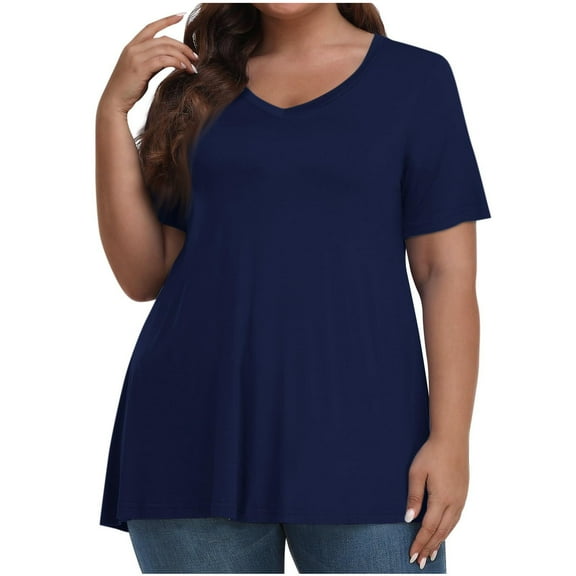 Olyvenn Stylish Plus Size Tops for Women Dressy Short Sleeve V Neck Shirts for Women Summer Tops for Women Solid Long Shirts Navy 10