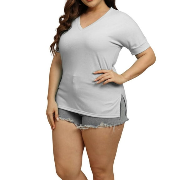 Olyvenn Stylish Plus Size V Neck T Shirts Women Short Sleeve Tops Casual Summer Tshirts Loose Fit Tee Tunic Basic Shirts White 12