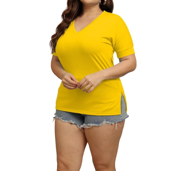 Fashion $15 & under Olyvenn Plus Size V Neck T Shirts Women Short Sleeve Tops Casual Summer Tshirts Loose Fit Tee Tunic Basic Shirts Yellow 16