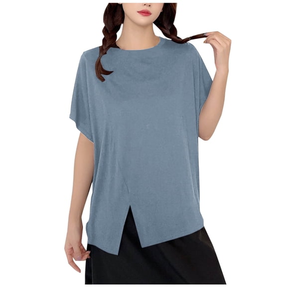 Olyvenn Stylish Plus Size Womens Fashion Summer Tops Irregular Hem Slit Blouse Crewneck Short Sleeve T Shirts Light Blue Free Size
