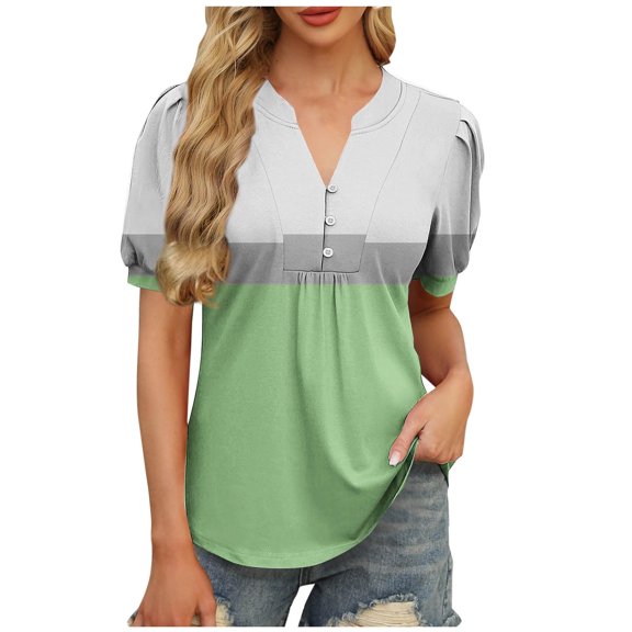 Olyvenn Stylish Puff Short Sleeve Shirts for Women Summer V Neck Button Color Block Tshirts Dressy Casual Workout Blouse Outfits Green M