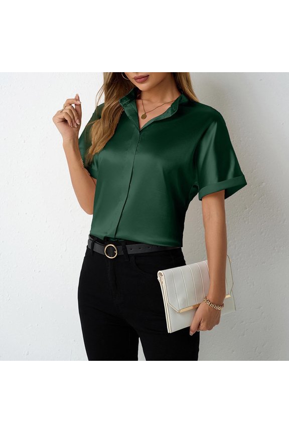 Stylish Satin Blouses for Women Button Down Silk Shirts Batwing Sleeve Top Elegant Summer Office Work Shirt Green M