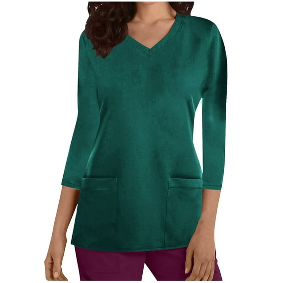 Olyvenn Stylish Scrubs for Women Solid Color V Neck 3/4 Sleeve Dressy Nursing Tops with Pockets Stretchy Workwear Uniform Shirts Green 14