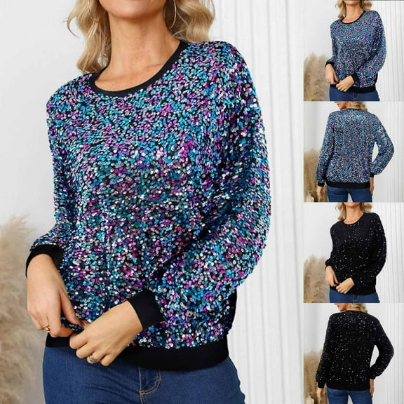 Olyvenn Stylish Sparkly Sweatshirts for Women Sequin Long Sleeve Crewneck Sweatshirt Casual Sequence Party Night Pullover Tops Black 8-10